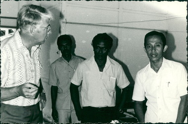 Photograph, Officials and medical staff, and MacFarlane Burnet, on left in informal discussions & settings inside the Hospital,  - Dr John A Forbes Fairfield / Gull Force 2/21 Bn AIF / Ziarah Caltex & Rumah Sakit Ambon Hospital - Photo is from Dr John Forbes photo albums - 1971