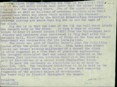 Press release of information and history of Big Ben celebrating its hundredth year in 1959 - Department of Health – National Fitness Office (Sports & Recreation) – Historical Press Release Photo Collection