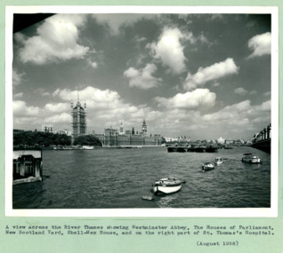 A view across the River Thames showing Westminster Abbey with Big Ben in centre August 1958 - Department of Health – National Fitness Office (Sports & Recreation) – Historical Press Release Photo Collection
