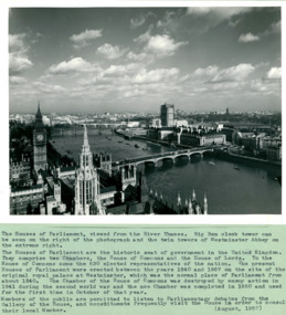 An aerial view with the Houses of Parliament & Big Ben on left of photo August 1957 - Department of Health – National Fitness Office (Sports & Recreation) – Historical Press Release Photo Collection