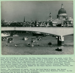 Opening of the Old Swan Pier at London Bridge, with procession of boats seen underneath - Department of Health – National Fitness Office (Sports & Recreation) – Historical Press Release Photo Collection