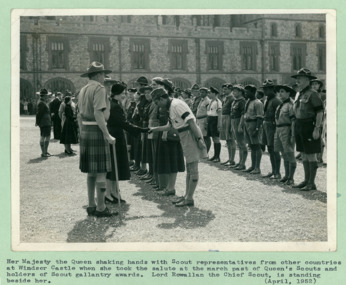 The Queen shaking hands with scout representatives from other countries at Windsor Castle April 1955 - Department of Health – National Fitness Office (Sports & Recreation) – Historical Press Release Photo Collection
