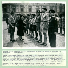 The Queen shaking hands with scout K R Broo Hagen from Barbados at Windsor Castle April 26/4/1953 - Department of Health – National Fitness Office (Sports & Recreation) – Historical Press Release Photo Collection