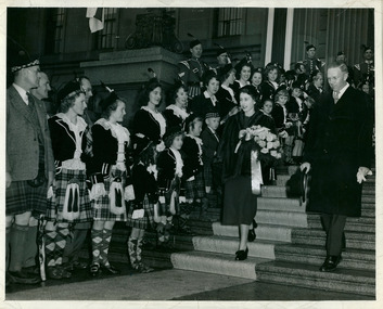 The Queen descending stairs and inspecting Scottish Guides - Department of Health – National Fitness Office (Sports & Recreation) – Historical Press Release Photo Collection