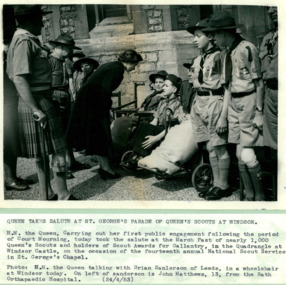 The Queen talking to Brian Sanlerson of Leeds, and John Matthews from Bath Orthopedic Hospital, at Windsor - Department of Health – National Fitness Office (Sports & Recreation) – Historical Press Release Photo Collection