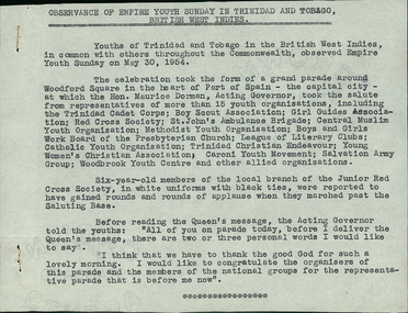 Explanation on Observance of Empire Youth Sunday in Trinidad and Tobago British West Indies 30/05/1954 - Department of Health – National Fitness Office (Sports & Recreation) – Press Release Photo - Empire Youth Day & Royal Tours