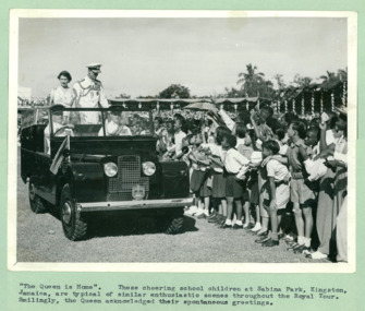 Queen Elizabeth the II and Prince Philip in front of school children at Sabina Park Kingston Jamaica - Department of Health – National Fitness Office (Sports & Recreation) – Press Release Photo - Empire Youth Day & Royal Tours