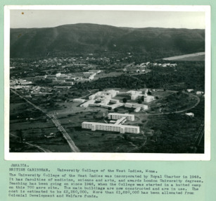 An aerial photo of University College, on a 700 acre site, in the West Indies at Mona Jamaica - Department of Health – National Fitness Office (Sports & Recreation) – Press Release Photo - Empire Youth Day & Royal Tours