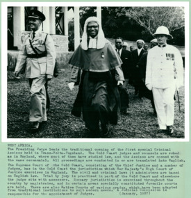 The Presiding Judge leads the traditional opening of the first special Criminal Assizes held in Trans-Volta-Togoland West Africa in January 1957 - Department of Health – National Fitness Office (Sports & Recreation) – Historical Press Release Photo Collection