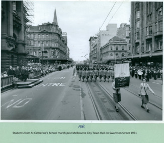 Students from Saint Catherine’s School march past the Salute base on Swanston Street, Melbourne CBD Australia with the Premier Henry Bolte taking the salute - 1961 - Department of Health – National Fitness Office (Sports & Recreation) – Historical Press Release Photo Collection