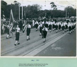 Airforce Cadets, walking towards Swanston Street, from the War memorial on St Kilda Rd, Melbourne CBD Australia 1957 - Department of Health – National Fitness Office (Sports & Recreation) – Historical Press Release Photo Collection