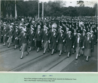 A contingent of Preston Technical School, marching on St Kilda Road, from the War Memorial to Swanston Street, Melbourne CBD Australia 1957 - Department of Health – National Fitness Office (Sports & Recreation) – Historical Press Release Photo Collection