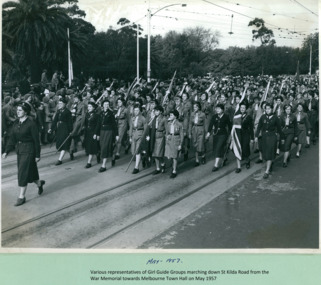Various representatives of Girl Guide groups marching on St Kilda Road, from the War Memorial to Swanston Street, Melbourne CBD Australia on May 1957 - Department of Health – National Fitness Office (Sports & Recreation) – Historical Press Release Photo Collection