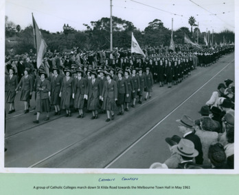 Catholic Colleges march over Princes Bridge towards Swanston Street and the Melbourne Town Hall, Melbourne CBD Australia, from the War Memorial on May 1961 - Department of Health – National Fitness Office (Sports & Recreation) – Historical Press Release Photo Collection