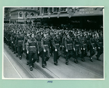 Army cadets march past the Melbourne Town Hall Swanston Street, Melbourne CBD Australia, from the War Memorial in 1954 - Department of Health – National Fitness Office (Sports & Recreation) – Historical Press Release Photo Collection