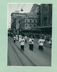 Clergy and followers on their way to Melbourne Town Hall on Swanston Street, Melbourne CBD Australia, from the War Memorial - Department of Health – National Fitness Office (Sports & Recreation) – Historical Press Release Photo Collection