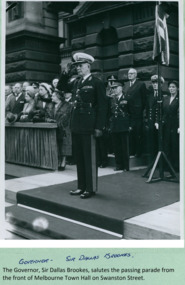 Sir Dallas Brooks, with entourage, taking the Salute on the salute base in front of the Melbourne Town Hall on Swanston Street, Melbourne CBD Australia, from the War Memorial - Department of Health – National Fitness Office (Sports & Recreation) – Historical Press Release Photo Collection