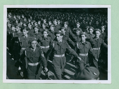 Army Cadets taking the Salute on the salute base in front of the Melbourne Town Hall on Swanston Street, Melbourne CBD Australia, from the War Memorial - Department of Health – National Fitness Office (Sports & Recreation) – Historical Press Release Photo Collection