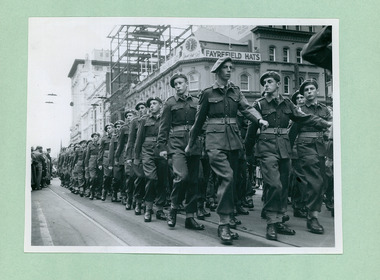 Army Cadets marching past the salute base in front of the Melbourne Town Hall on Swanston Street, Melbourne CBD Australia, from the War Memorial - Department of Health – National Fitness Office (Sports & Recreation) – Historical Press Release Photo Collection