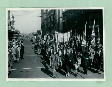 Associated Youth Committee & National Fitness Council group marching towards the salute base in front of the Melbourne Town Hall on Swanston Street, Melbourne CBD Australia, from the War Memorial - Department of Health – National Fitness Office (Sports & Recreation) – Historical Press Release Photo Collection