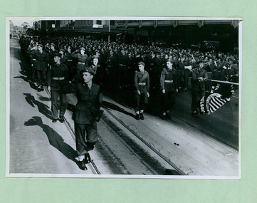 Army Cadets taking the Salute on the salute base in front of the Melbourne Town Hall on Swanston Street, Melbourne CBD Australia, from the War Memorial - Department of Health – National Fitness Office (Sports & Recreation) – Historical Press Release Photo Collection