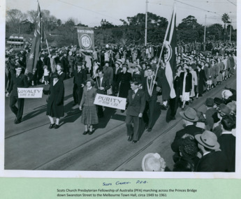 Scots Church & The Presbyterian Fellowship of Australia ( PFA ) crossing Princes Bridge marching towards the Melbourne Town Hall on Swanston Street, Melbourne CBD Australia, from the War Memorial - Department of Health – National Fitness Office (Sports & Recreation) – Historical Press Release Photo Collection