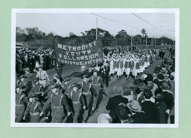 Army Cadets, Nurses, and Methodist Youth Fellowship & Council crossing Princes Bridge marching towards the Melbourne Town Hall on Swanston Street, Melbourne CBD Australia, from the War Memorial - Department of Health – National Fitness Office (Sports & Recreation) – Historical Press Release Photo Collection