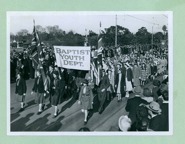 Baptist Youth Department group crossing Princes Bridge marching towards the Melbourne Town Hall on Swanston Street, Melbourne CBD Australia, from the War Memorial - Department of Health – National Fitness Office (Sports & Recreation) – Historical Press Release Photo Collection