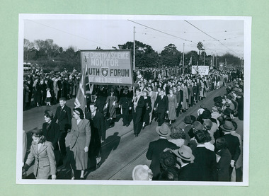 The Christian Science Monitor Youth Forum ( CSMYF ) group crossing Princes Bridge marching towards the Melbourne Town Hall on Swanston Street, Melbourne CBD Australia, from the War Memorial - Department of Health – National Fitness Office (Sports & Recreation) – Historical Press Release Photo Collection