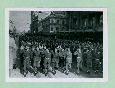 Army Cadets taking the Salute in front of the salute base in front of the Melbourne Town Hall on Swanston Street, Melbourne CBD Australia, from the War Memorial - Department of Health – National Fitness Office (Sports & Recreation) – Historical Press Release Photo Collection