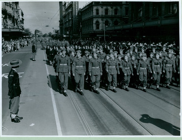 Army Cadets taking the Salute in front of the salute base in front of the Melbourne Town Hall on Swanston Street, Melbourne CBD Australia, from the War Memorial - Department of Health – National Fitness Office (Sports & Recreation) – Historical Press Release Photo Collection