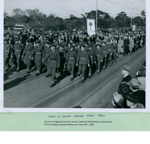 Church of England Grammar School Cadets marching over Princes Bridge towards the Melbourne Town Hall on Swanston Street, Melbourne CBD Australia, from the War Memorial 1949 - Department of Health – National Fitness Office (Sports & Recreation) – Historical Press Release Photo Collection