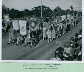 Christian groups from Coburg, East Brunswick, Williamstown and South Melbourne marching over Princes Bridge towards the Melbourne Town Hall on Swanston Street, Melbourne CBD Australia, from the War Memorial - Department of Health – National Fitness Office (Sports & Recreation) – Historical Press Release Photo Collection