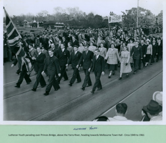 Lutheran Youth marching over Princes Bridge towards the Melbourne Town Hall on Swanston Street, Melbourne CBD Australia, from the War Memorial - Department of Health – National Fitness Office (Sports & Recreation) – Historical Press Release Photo Collection