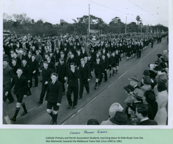 Catholic Primary Schools and Parish association Students marching over Princes Bridge towards the Melbourne Town Hall on Swanston Street, Melbourne CBD Australia, from the War Memorial - Department of Health – National Fitness Office (Sports & Recreation) – Historical Press Release Photo Collection