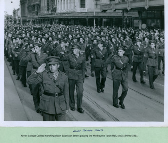 Xavier College Cadets taking the Salute marching past the salute base in front of the Melbourne Town Hall on Swanston Street, Melbourne CBD Australia, from the War Memorial - Department of Health – National Fitness Office (Sports & Recreation) – Historical Press Release Photo Collection