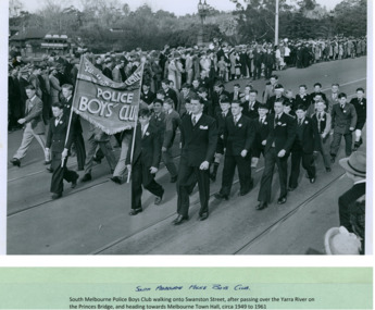 South Melbourne Police Boys' Club marching over Princes Bridge heading towards the Melbourne Town Hall on Swanston Street, Melbourne CBD Australia, from the War Memorial - Department of Health – National Fitness Office (Sports & Recreation) – Historical Press Release Photo Collection