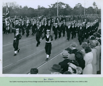 Sea Cadets crossing Princes Bridge marching towards the Melbourne Town Hall on Swanston Street, Melbourne CBD Australia, from the War Memorial - Department of Health – National Fitness Office (Sports & Recreation) – Historical Press Release Photo Collection