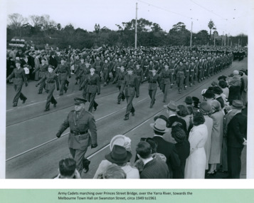 Army Cadets crossing Princes Bridge marching towards the Melbourne Town Hall on Swanston Street, Melbourne CBD Australia, from the War Memorial - Department of Health – National Fitness Office (Sports & Recreation) – Historical Press Release Photo Collection