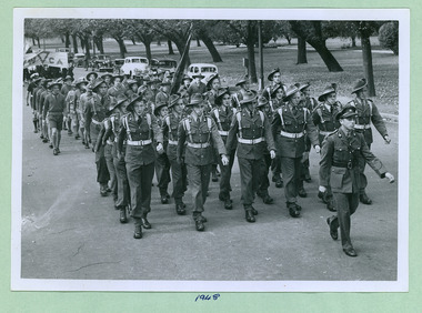 Army Cadets marching towards Princes Bridge and then on to the Melbourne Town Hall on Swanston Street, Melbourne CBD Australia, from the War Memorial - Department of Health – National Fitness Office (Sports & Recreation) – Historical Press Release Photo Collection