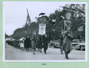 Scots Church & The Presbyterian Fellowship of Australia ( PFA ) marching towards the Melbourne Town Hall on Swanston Street, Melbourne CBD Australia, from the War Memorial - Department of Health – National Fitness Office (Sports & Recreation) – Historical Press Release Photo Collection
