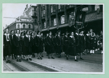 Camberwell Church of England College (CEC) marching past the salute base at the Melbourne Town Hall on Swanston Street, Melbourne CBD Australia, from the War Memorial - Department of Health – National Fitness Office (Sports & Recreation) – Historical Press Release Photo Collection
