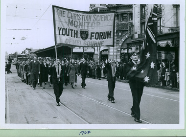 The Christian Science Monitor Youth Forum ( CSMYF ) group passing Flinders Street Station marching towards the Melbourne Town Hall on Swanston Street, Melbourne CBD Australia, from the War Memorial - Department of Health – National Fitness Office (Sports & Recreation) – Historical Press Release Photo Collection
