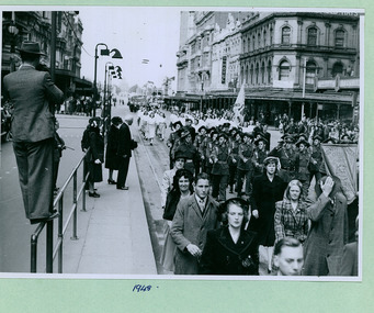 Members of the South Yarra Church of Christ followed by Army Cadets taking the salute in front of the Melbourne Town Hall on Swanston Street, Melbourne CBD Australia - 1948, from the War Memorial - Department of Health – National Fitness Office (Sports & Recreation) – Historical Press Release Photo Collection