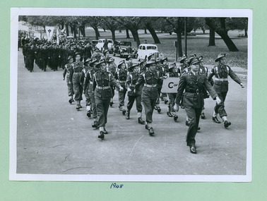 Church of England Army Cadets marching from the War Memorial to the Melbourne Town Hall on Swanston Street, Melbourne CBD Australia - 1948, from the War Memorial - Department of Health – National Fitness Office (Sports & Recreation) – Historical Press Release Photo Collection