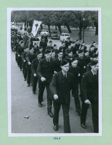 Church of England Air Cadets followed by a Fellowship Group marching from the War Memorial to the Melbourne Town Hall on Swanston Street, Melbourne CBD Australia - 1948, from the War Memorial - Department of Health – National Fitness Office (Sports & Recreation) – Historical Press Release Photo Collection