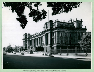 A photo of the Old Treasury Building on Spring Street, at the top of Collins street, Melbourne CBD Australia - 1 of 2 photos - Department of Health – National Fitness Office (Sports & Recreation) – Historical Press Release Photo Collection