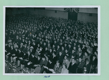 Sir Edmund Herring speaking to young people at a rally in the Melbourne Town Hall on Swanston Street, Melbourne CBD Australia 1948 - 2 of 2 photos - Department of Health – National Fitness Office (Sports & Recreation) – Historical Press Release Photo Collection