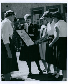 Northam High school student Margaret Sanderson showing the pledge to fellow students in Western Australia - Message of Loyalty to Queen Elizabeth II - on 04/05/1958 - 3 of 3 photos - Department of Health – National Fitness Office (Sports & Recreation) – Historical Press Release Photo Collection
