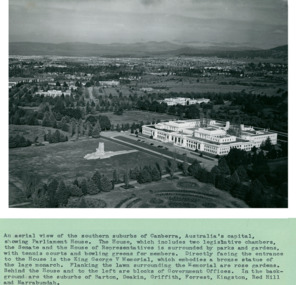 An aerial view of the Southern suburbs of Canberra,  Australia's Capital showing Old Parliament House circa 1958 - Department of Health – National Fitness Office (Sports & Recreation) – Historical Press Release Photo Collection